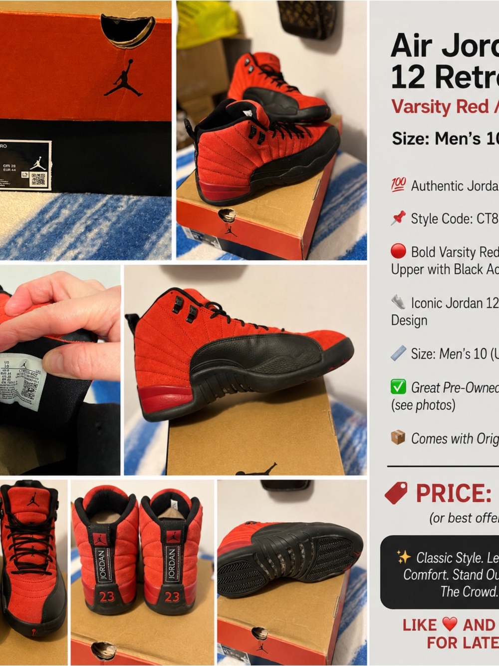 Nike Air Jordan 12 Retro Varsity Red Black Men’s Size 10 CT8013-602 w/ Box